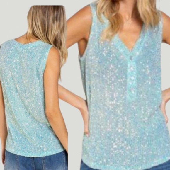 POL V-Neck Sparkle Sequin Top - Picture 2 of 7